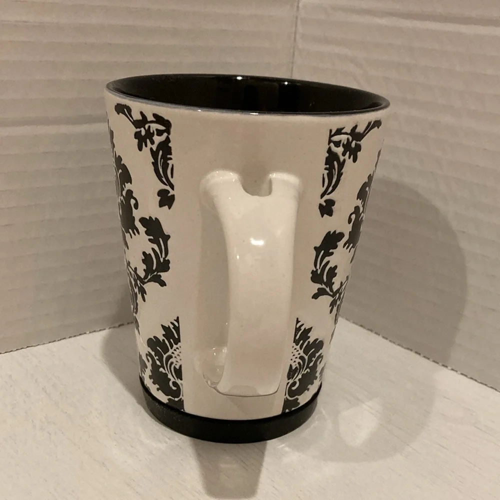 Pier 1 White and Black Damask Design Handpainted Stoneware Mug Cup